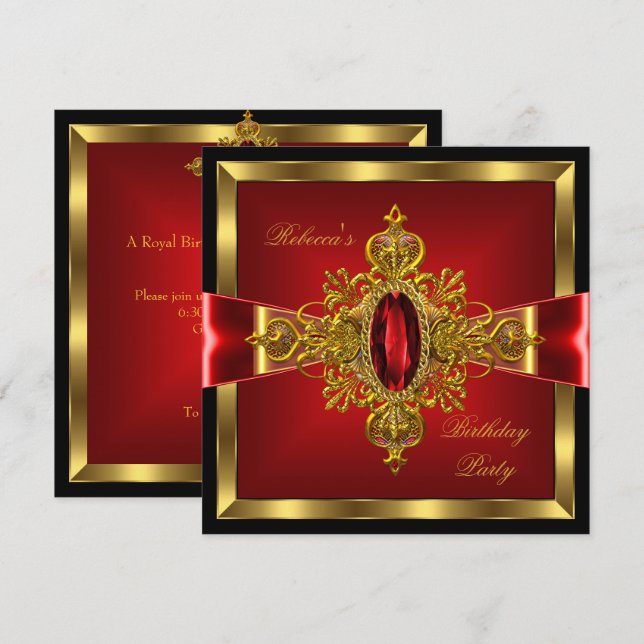 Royal Red Diamond Gold Bow Black Birthday Party Einladung (Vorne/Hinten)
