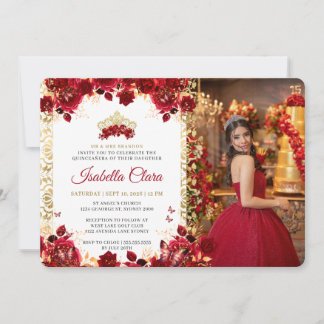 Royal Red Floral Gold Arch Foto Quinceanera Einladung