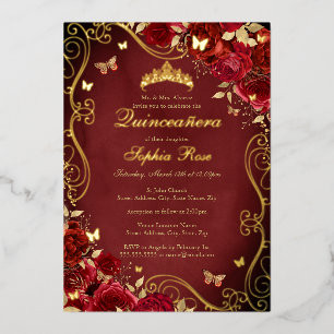 Royal Red Floral Gold Swirl Butterfly Quinceanera Folieneinladung