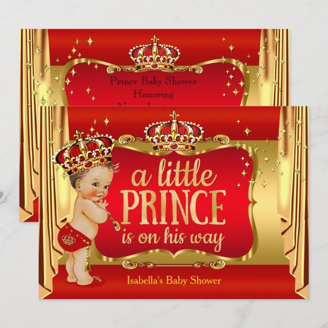 Royal Red Gold Boy Prince Baby Dusche Brünett Einladung (Vorne/Hinten)