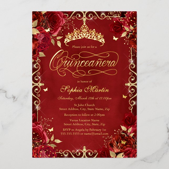 Royal Red Gold Butterfly Rosen Quinceanera Folieneinladung (Vorderseite)