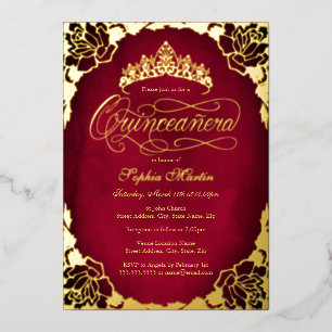 Royal Red Gold Elegante Rose Script Quinceanera Folieneinladung