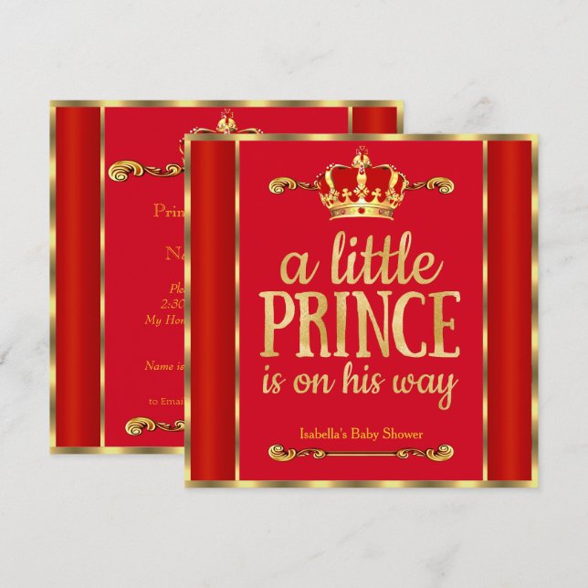 Royal Red Gold Prince ist auf dem Weg zur Baby Dus Einladung (Vorne/Hinten)