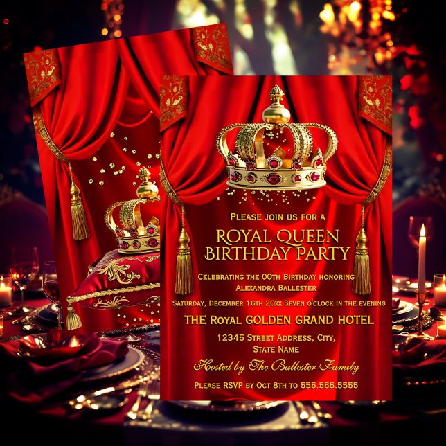 Royal Red Gold Queen Crown Birthday Party Einladung (Von Creator hochgeladen)