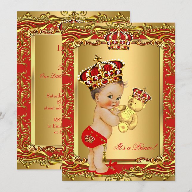 Royal Red Prince Crown Baby Duschbär Einladung (Vorne/Hinten)