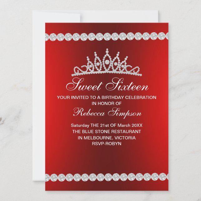 Royal Red Tiara 16 . Geburtstag Einladung zum Gebu (Vorderseite)