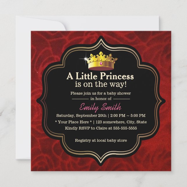 Royal Red Velvet Little Princess Crown Baby Dusche Einladung (Vorderseite)
