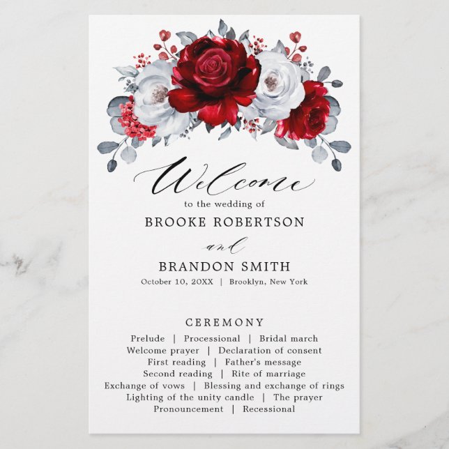 Royal Red White Silver Floral Wedding Program (Vorderseite)