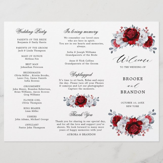 Royal Red White Silver Floral Wedding Program (Vorderseite)
