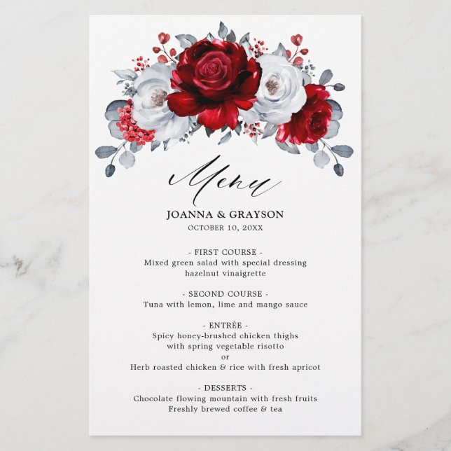 Royal Red White Silver Metallic Floral Wedding (Vorderseite)