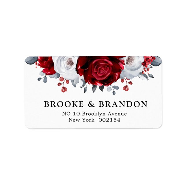 Royal Red White Silver Metallic Floral Wedding Adressaufkleber (Vorne)