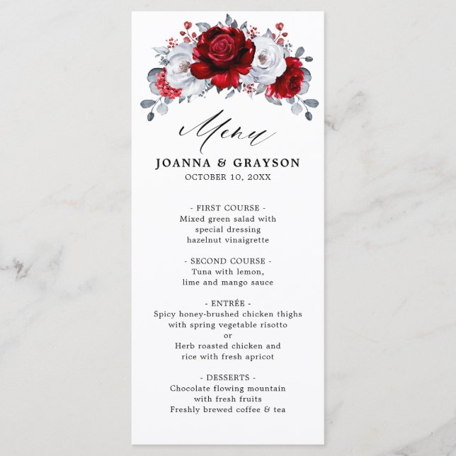Royal Red White Silver Metallic Floral Wedding Menükarte (Vorderseite)