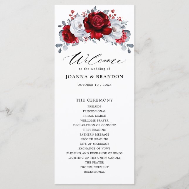 Royal Red White Silver Metallic Floral Wedding Programm (Vorderseite)