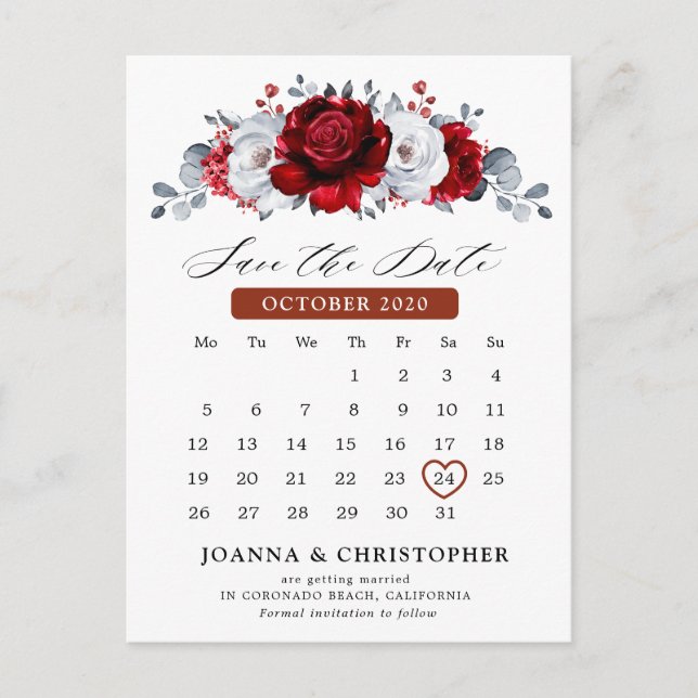 Royal Red White Silver Metallic Save the Date Postkarte (Vorderseite)