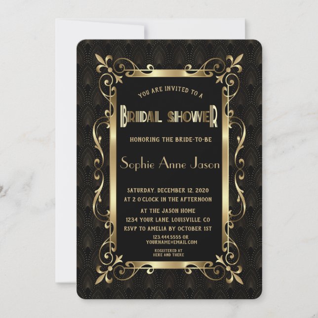 Royal Roaring 20er Jahre Gold Art Deco Brautparty Einladung (Vorderseite)
