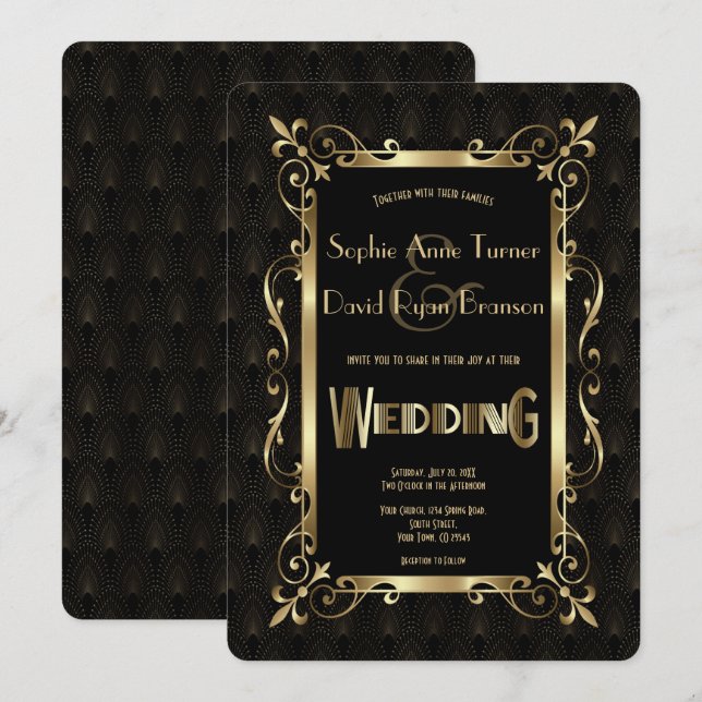 Royal Roaring 20er Jahre Gold Art Deco Hochzeit Einladung (Vorne/Hinten)