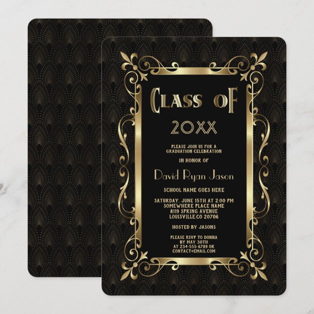 Royal Roaring 20s Gold Art Dec Graduation Party Einladung (Vorne/Hinten)