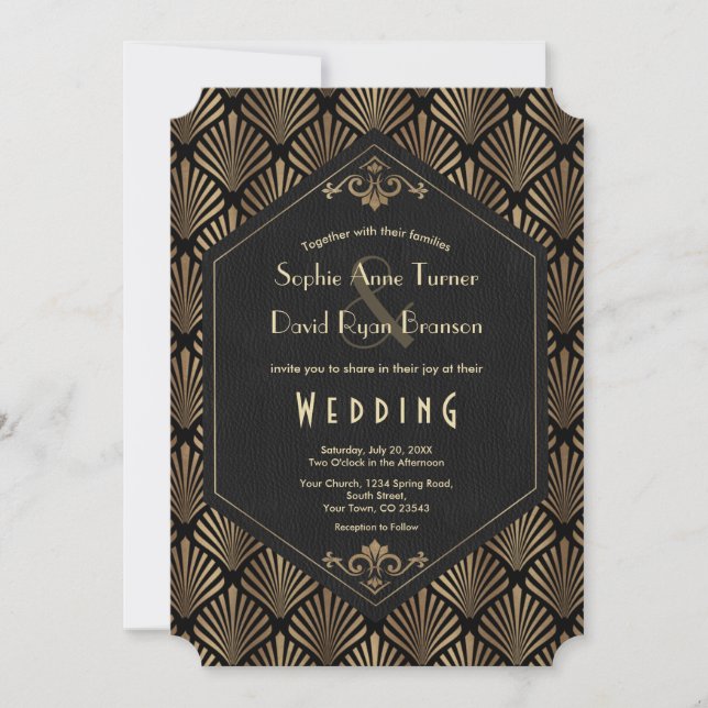 Royal Roaring 20's Gold Black Great Gatsby Wedding Einladung (Vorderseite)
