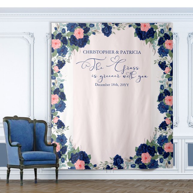 Royal Rose Blue Coral Floral Border Wedding Wandteppich (Von Creator hochgeladen)
