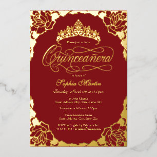 Royal Rose Red Gold Elegantes Script Quinceanera Folieneinladung