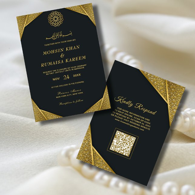 Royal Rustic Gold Elegante QR Code Muslim Hochzeit Einladung (Von Creator hochgeladen)