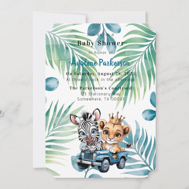 Royal Safari Ride Boy Baby Dusche Einladung (Vorderseite)