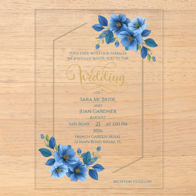 Royal Sapphire Floral Acrylic Wedding Invitation Acryleinladungen (Vorderseite)