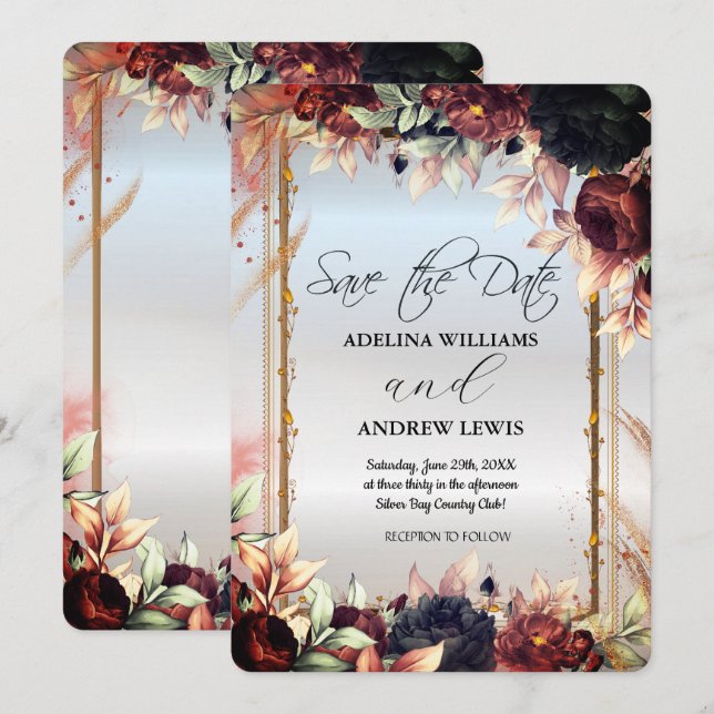 Royal Silver Blume Rose, Goldrahmen Einladung (Vorne/Hinten)