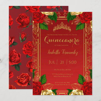 Royal Spanish Red & Gold Rose Quinceañera Einladung