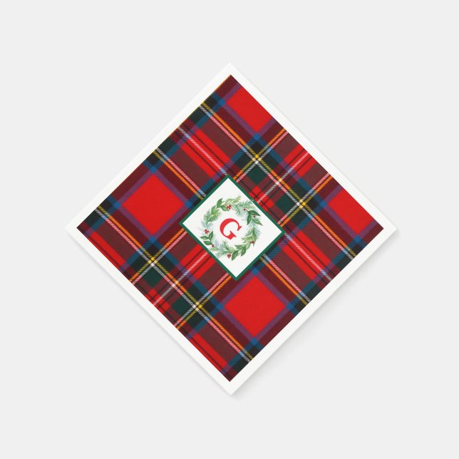 Royal Stewart Christmas MONOGRAM Kariert Wreath Serviette (Ecke)