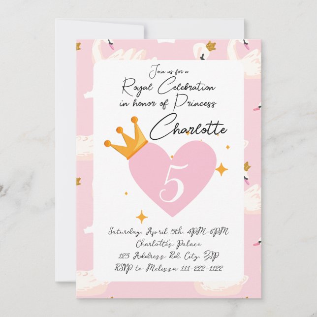 Royal Swan Princess Pink Girl Birthday Party Invit Einladung (Vorderseite)
