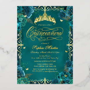 Royal Teal Gold Schmetterling Rose Quinceanera Folieneinladung