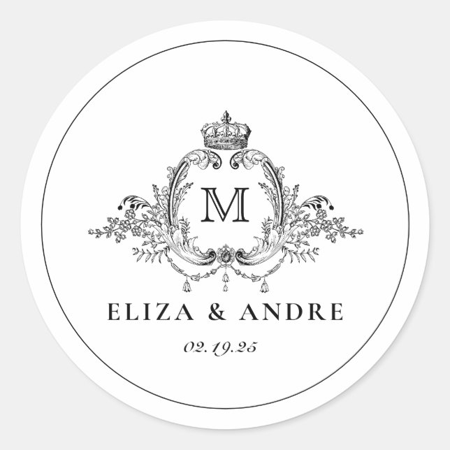 Royal Wappen Elegant Wreath Monogram Wedding Runder Aufkleber (Vorderseite)