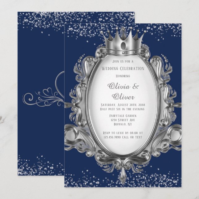 Royal Wedding Blue and Silver Frame Glitzer Einladung (Vorne/Hinten)