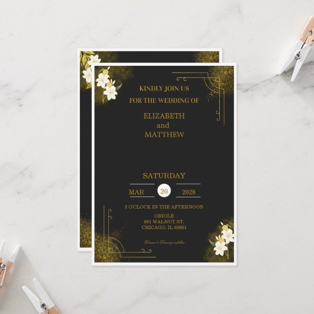 Royal wedding invitation in black and gold (Devant/Arrière en situation)