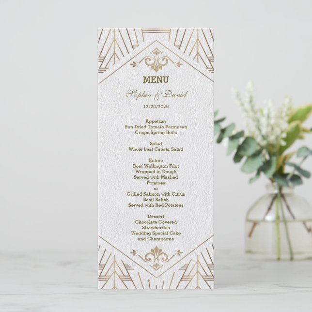 Royal White Gold Great Gatsby Wedding Menü Menükarte (Stehend Vorderseite)