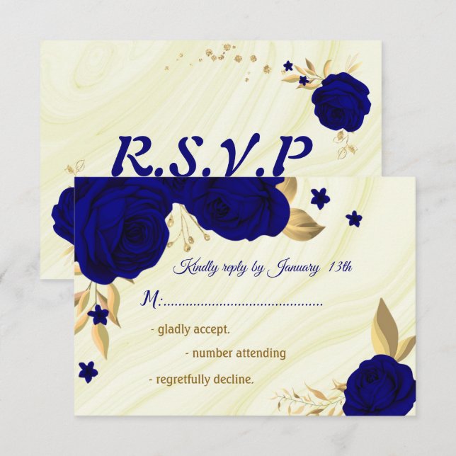 Royalblau-goldfarbener Marmor RSVP Karte (Vorne/Hinten)