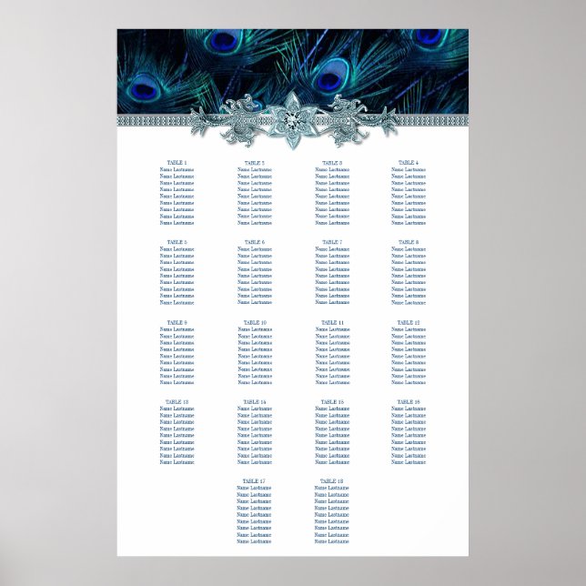 Royalblaue Pfauen-Hochzeits-Sitzordnung Poster (Vorne)