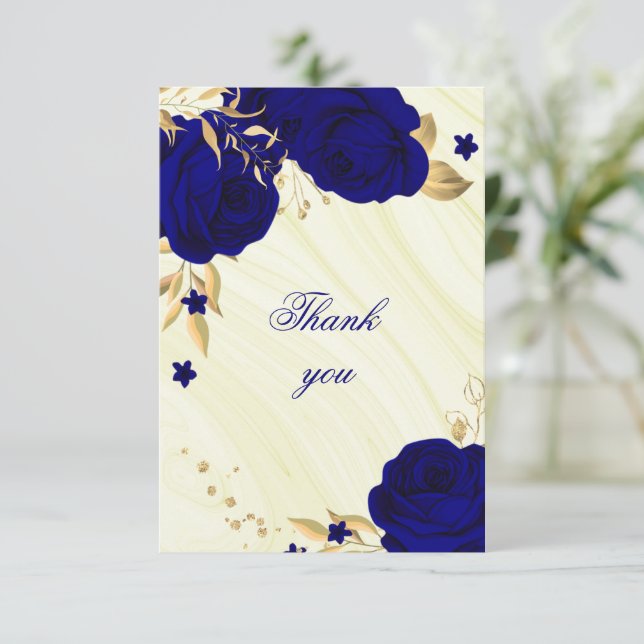 Royblau Gold floral Dankeschön Karte (Stehend Vorderseite)