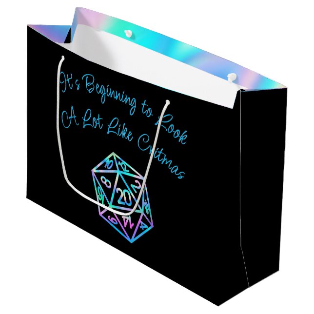 RPG Critmas | Holo Fantasy Tabletop Gamer Dice Große Geschenktüte (Vorderseite Schrägansicht)