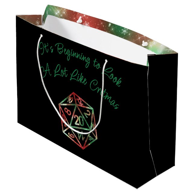 RPG Critmas | Neon Green Tabletop PnP Gamer Dice Große Geschenktüte (Rückseite Schrägansicht)