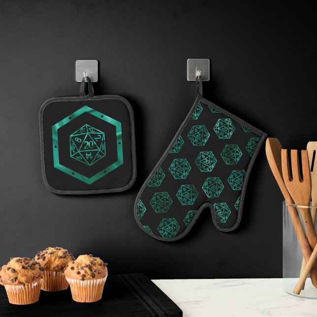 RPG Dice | Emerald Fantasy Tabletop Retro Gamer Ofenhandschuh & Topflappen-Set (Von Creator hochgeladen)