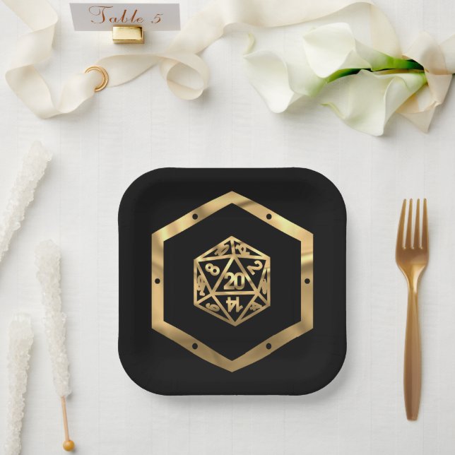 RPG Dice | Gold Fantasy Retro Tabletop PnP Gamer Pappteller (Hochzeit)