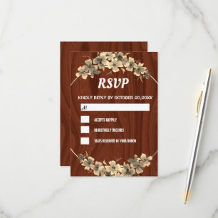 Rstic Wood Backdrop Gold Floral RSVP Karte