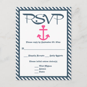 RSVP Anker in Rosa mit Marineblau Streifen Hochzei Einladungspostkarte