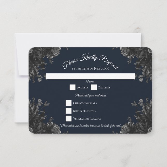 RSVP-Antwort auf die Hochzeit von Navy Blue Black  Einladung (Vorderseite)