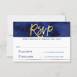 RSVP-Antwort modernes Blau Aquarell Gold Schrift RSVP Karte