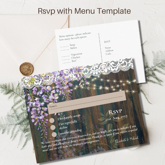 RSVP avec Modèle de menu Dentelle rustique Wisteri (Créateur téléchargé)