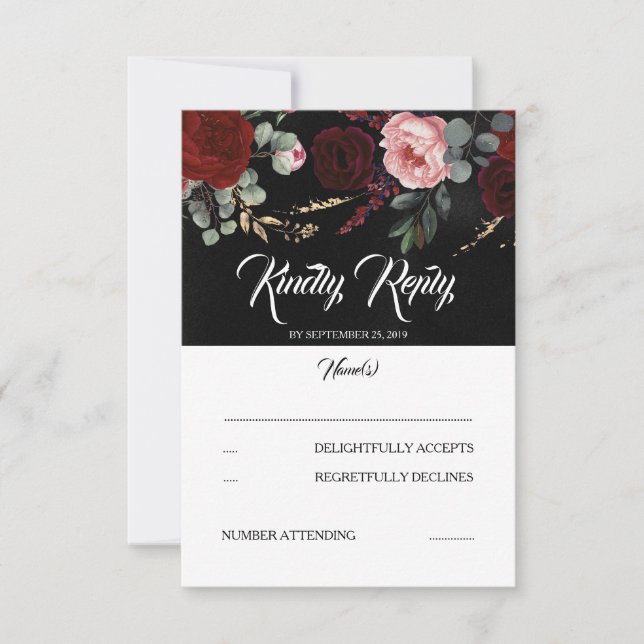RSVP (Black and Burgundy Red Floral Wedding) (Vorderseite)