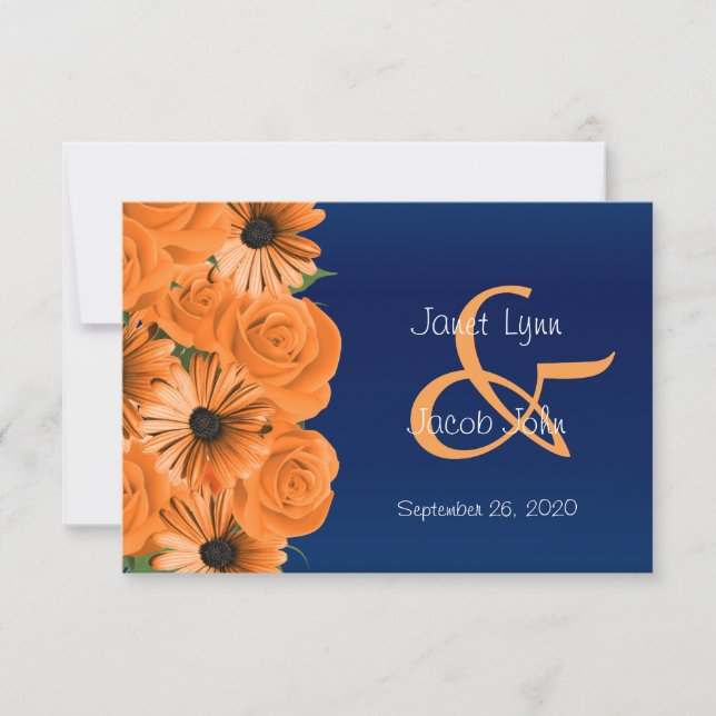 RSVP bleu foncé avec Roses orange (Devant)